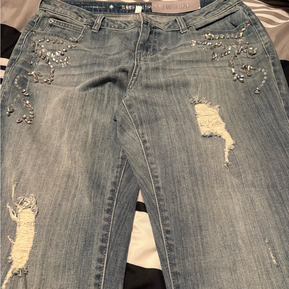 Jennifer Lopez Light Blue Boyfriend Jeans with Rhinestone Embellishments